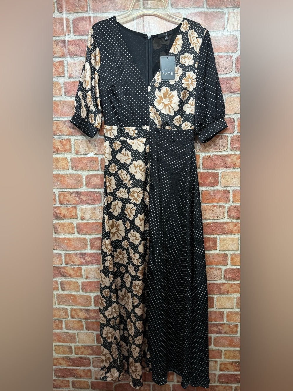 Fate Romantic, grunge fall Maxi Dress w/ Black, Beige Floral & White Polka Dot